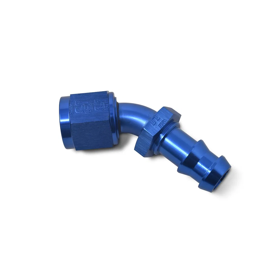 624080 – RUSSELL/EDEL Hose End Fitting, -6 AN Hose -6 AN Outlet 45 Degree Anodized Blue Aluminum Single